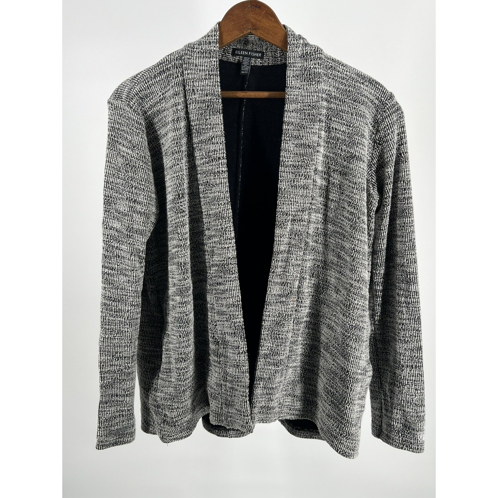 Eileen Fisher Jacket Womens Small Black White Organic Cotton Knit Open Front